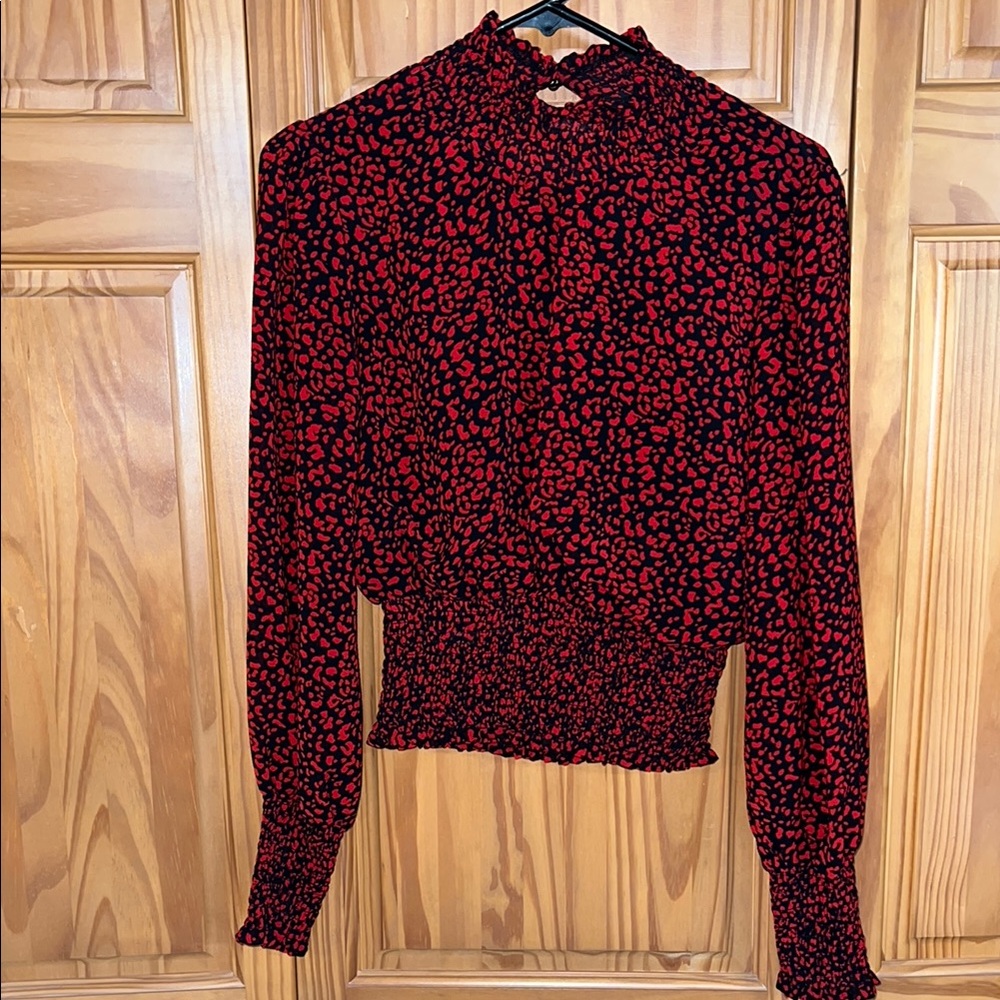 Lulu's Black and Red Fitted Smocked Blouse with Mandarin Collar